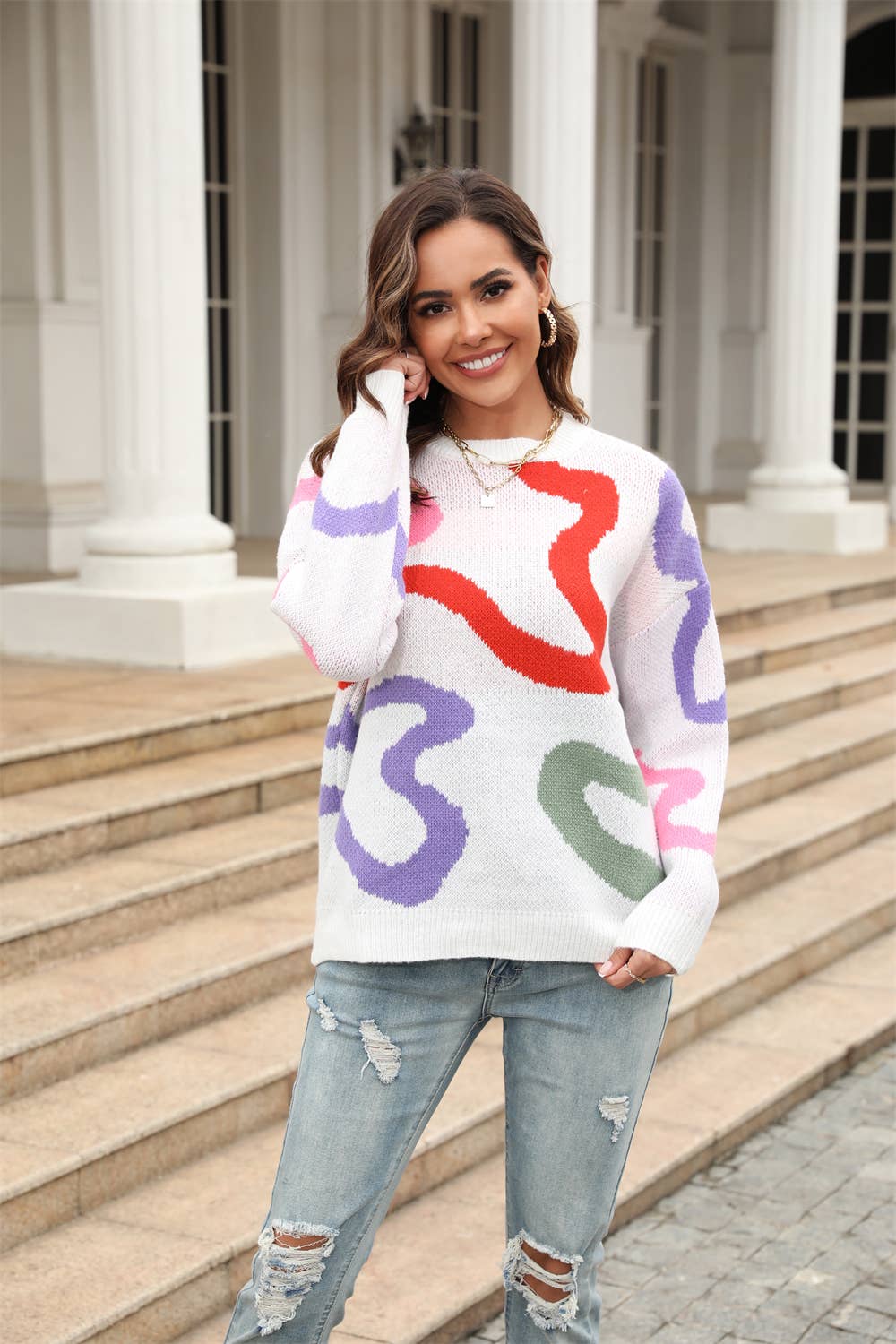 CREW-NECK GEOMETRIC LOOSE PULLOVER SWEATER