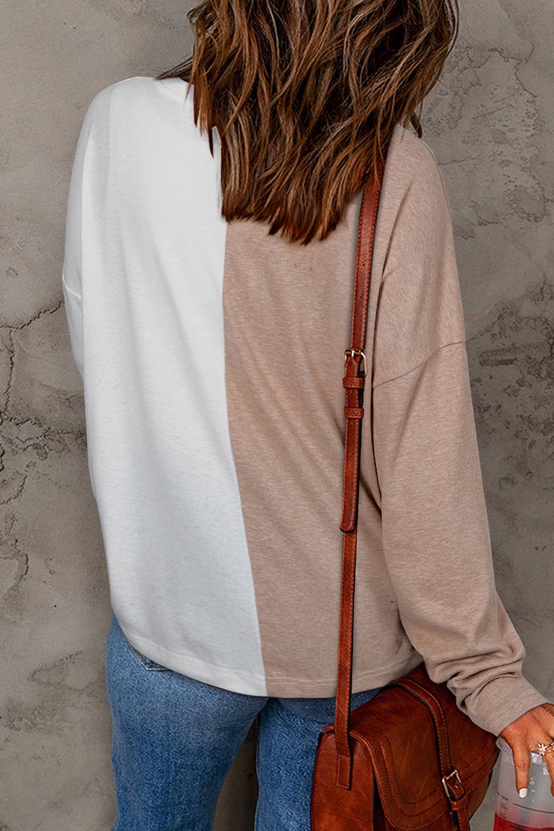 COLOR CONTRAST PATCHWORK LOOSE ROUND NECK TOP