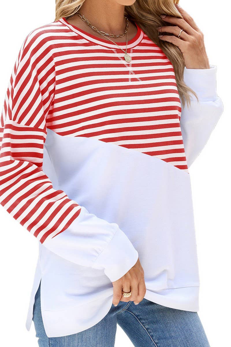 CWTBLL2368_ROUND NECK SLIT CONTRAST STRIPE SWEATSHIRT