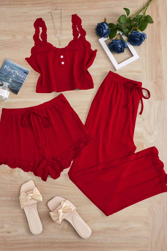 CWSPJ00474_LACE 3 PIECE SLEEPWEAR SHORTS PANTS SET