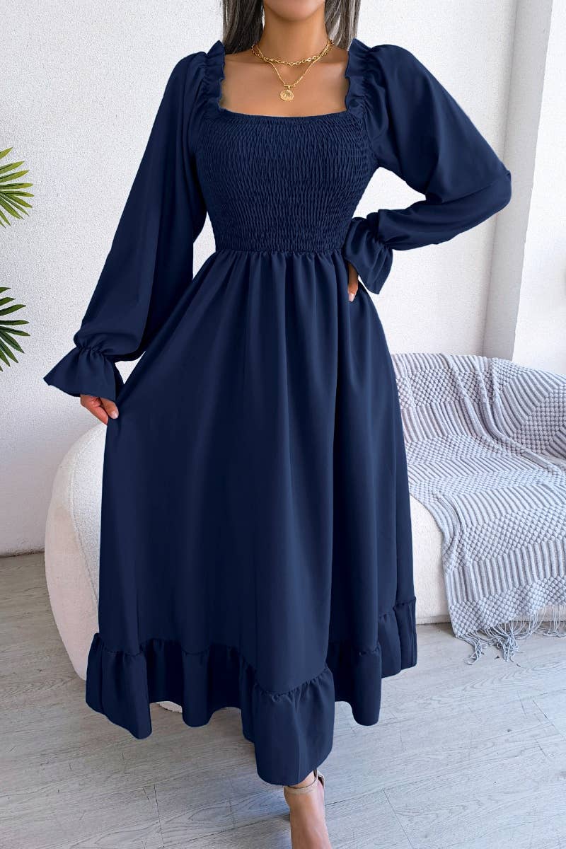 CWDMD2663_RUFFLED DRESS WITH SQUARE COLLAR FLARED SLEEVES