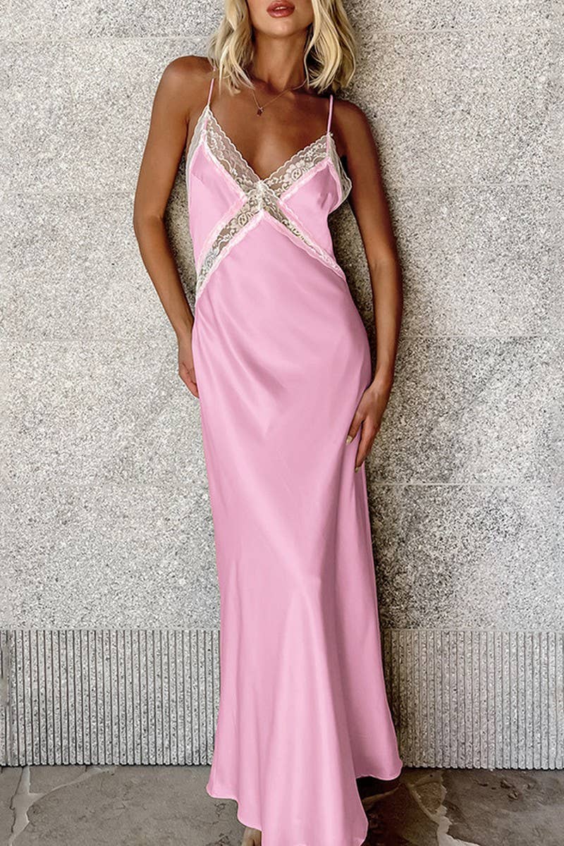 CWDMD951_SOLID COLOR V-NECK LACE SUSPENDER DRESS