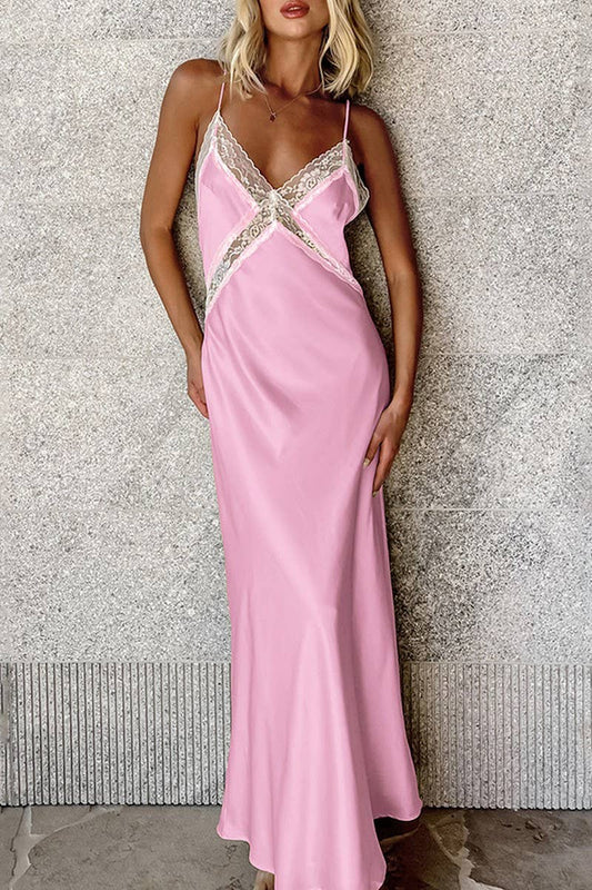 CWDMD951_SOLID COLOR V-NECK LACE SUSPENDER DRESS