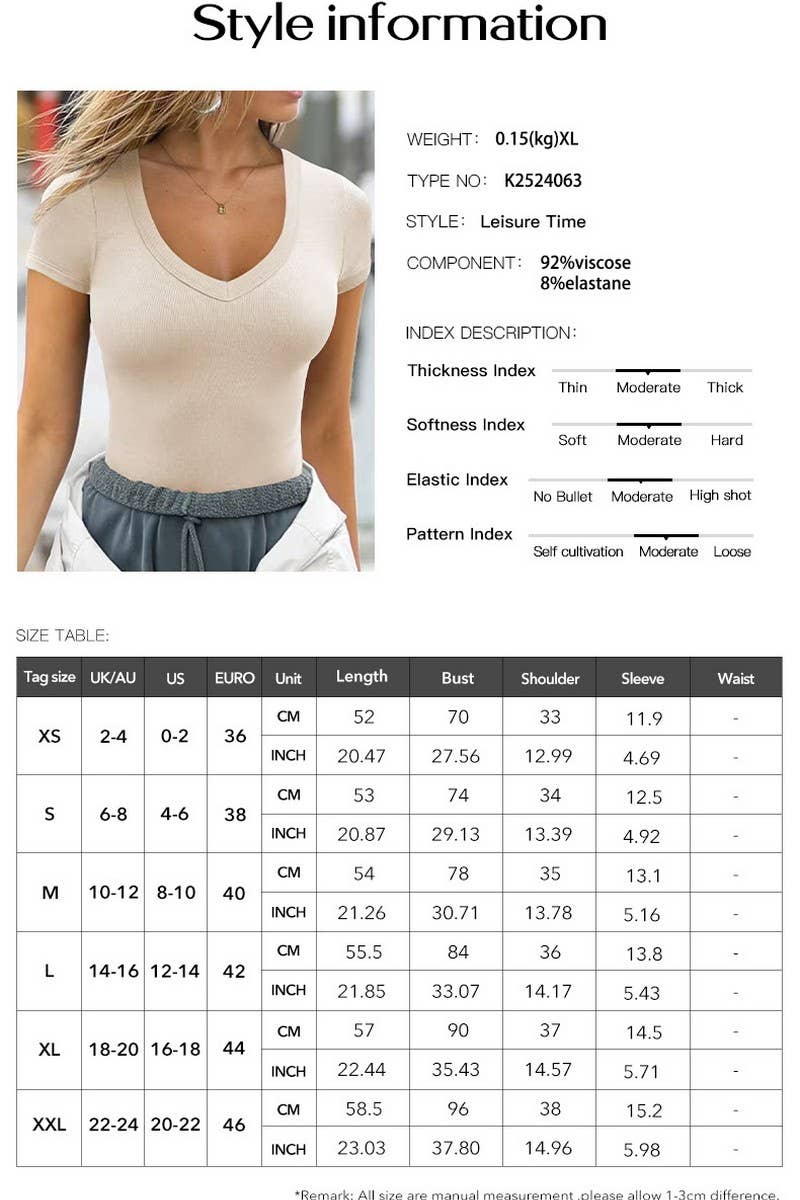 CWTTSL0385_V-NECK KNITTED SOLID COLOR VERSATILE T-SHIRT