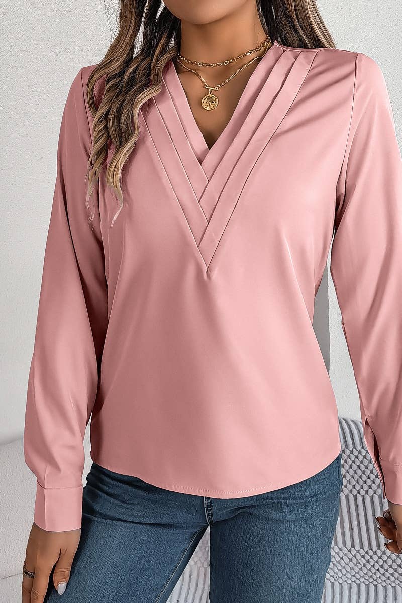 CWTBLL2646_AUTUMN SOLID COLOR V-NECK LONG SLEEVE SHIRT TOP