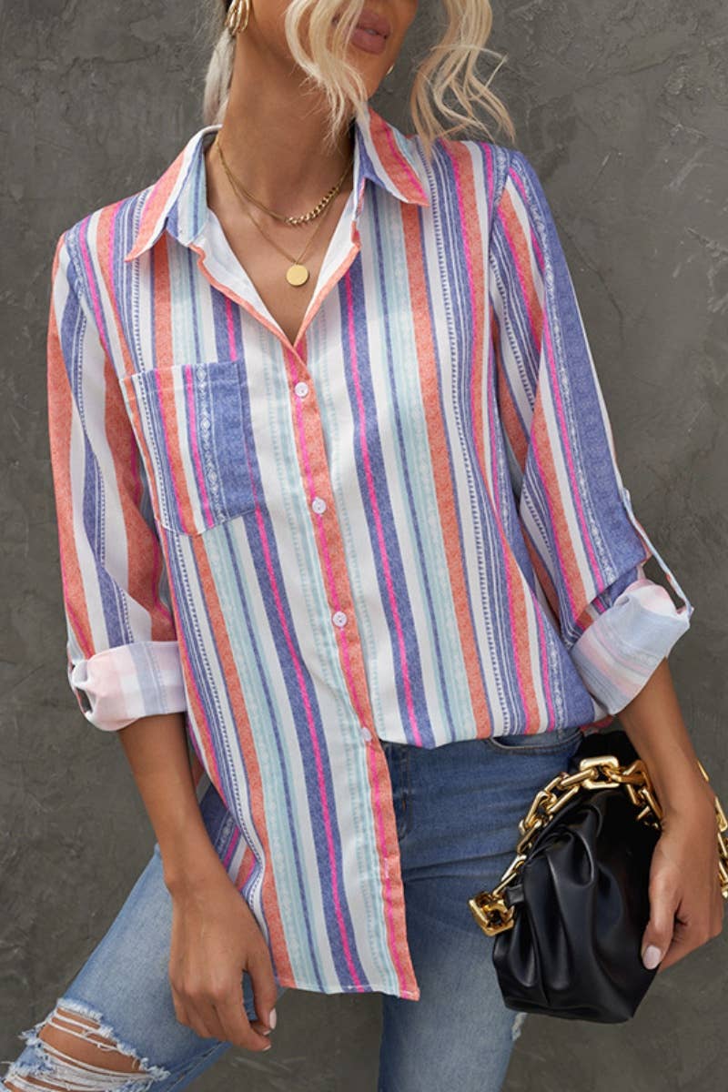 CWTSTL2350_STRIPED LAPEL LONG SLEEVE LOOSE SHIRT TOP