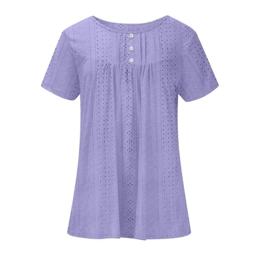 Crew-neck pleated button solid color ripped shirt