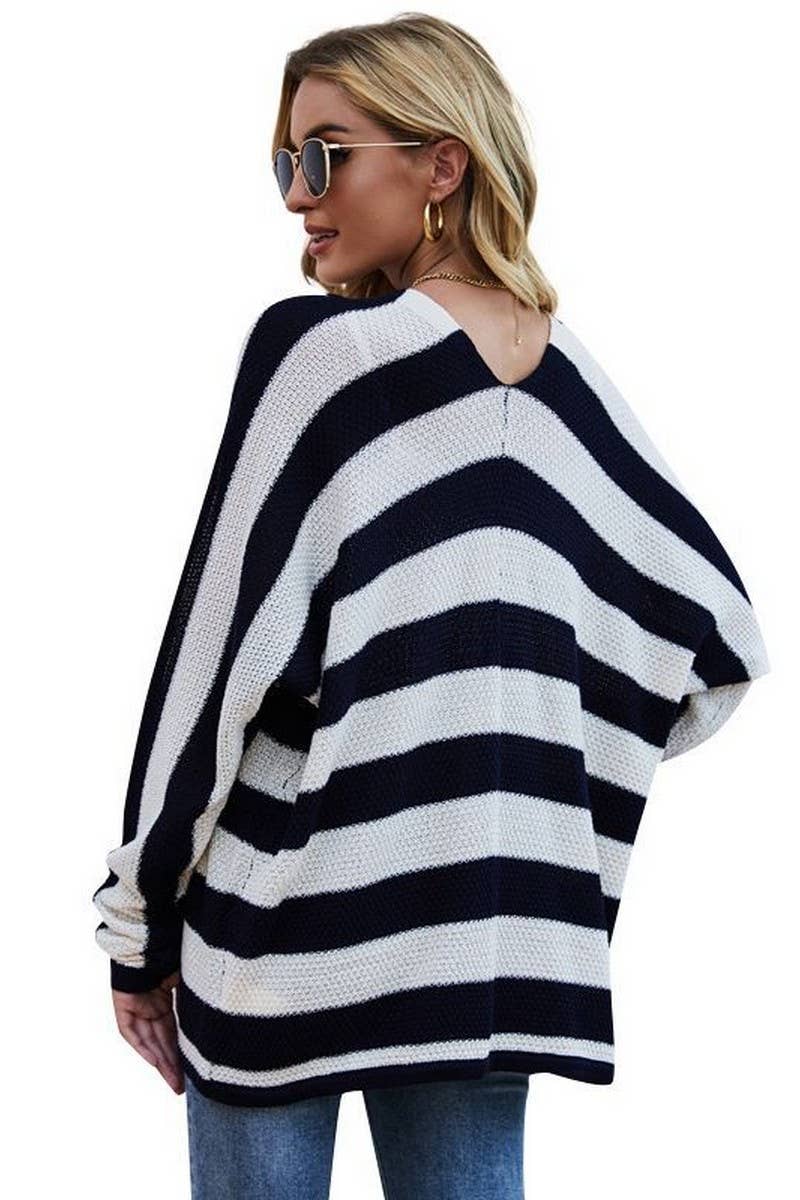 CWOCAL0778_BATWING SLEEVE LOOSE STRIPED KNIT CARDIGAN
