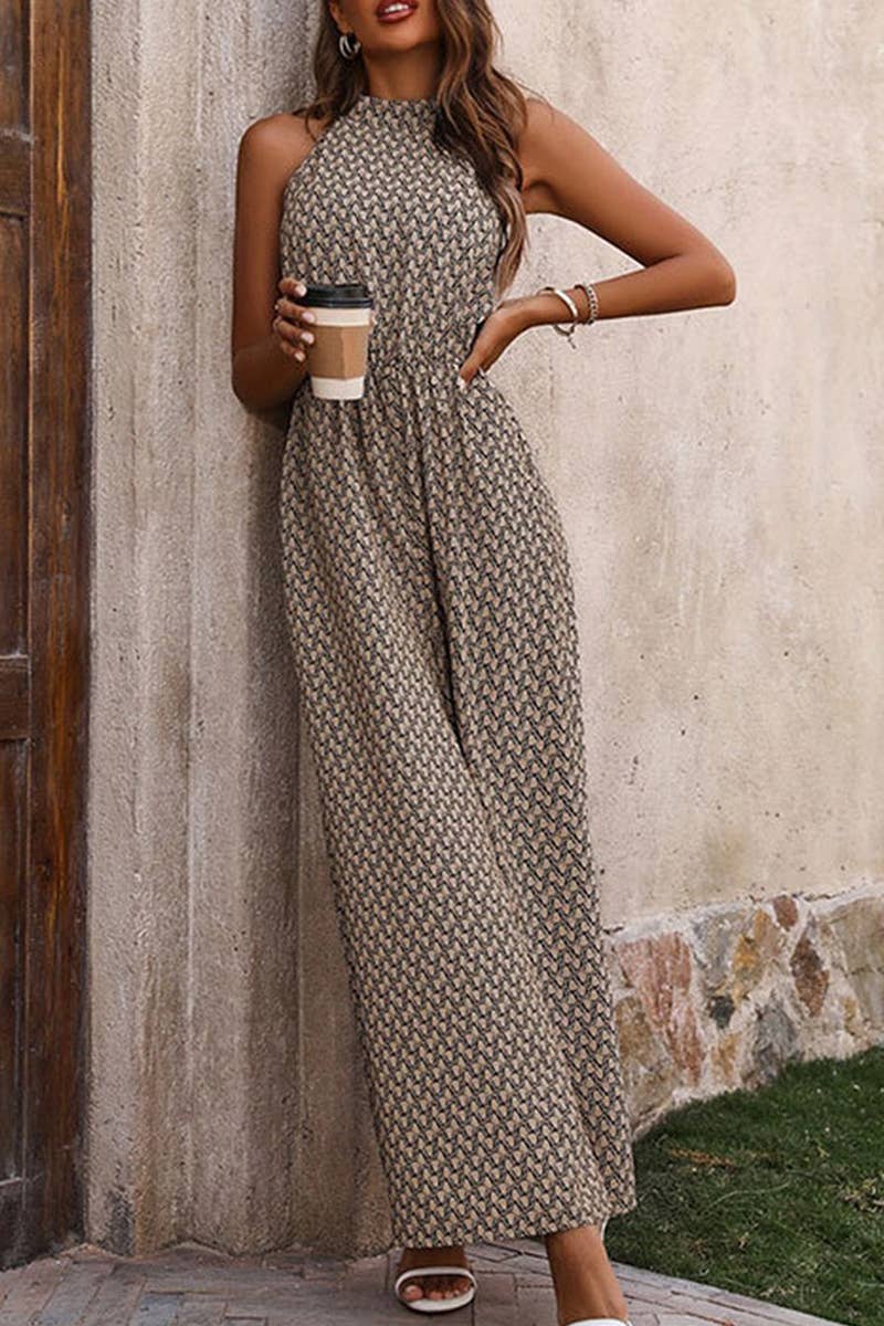 CWSJS1520_ELASTIC WAIST HIGH COLLAR HALTER JUMPSUIT