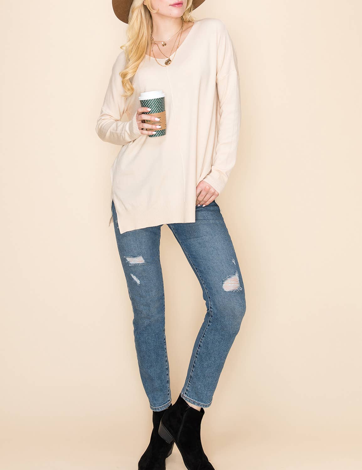 CWOSWL1826_V NECK LOOSE FIT TUNIC LENGTH SOFT SWEATER TOP