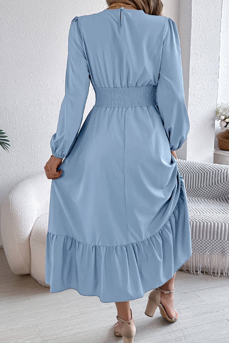 CWDMD6024_SOLID ELEGANT RUFFLE WAIST PLEATED MAXI DRESS