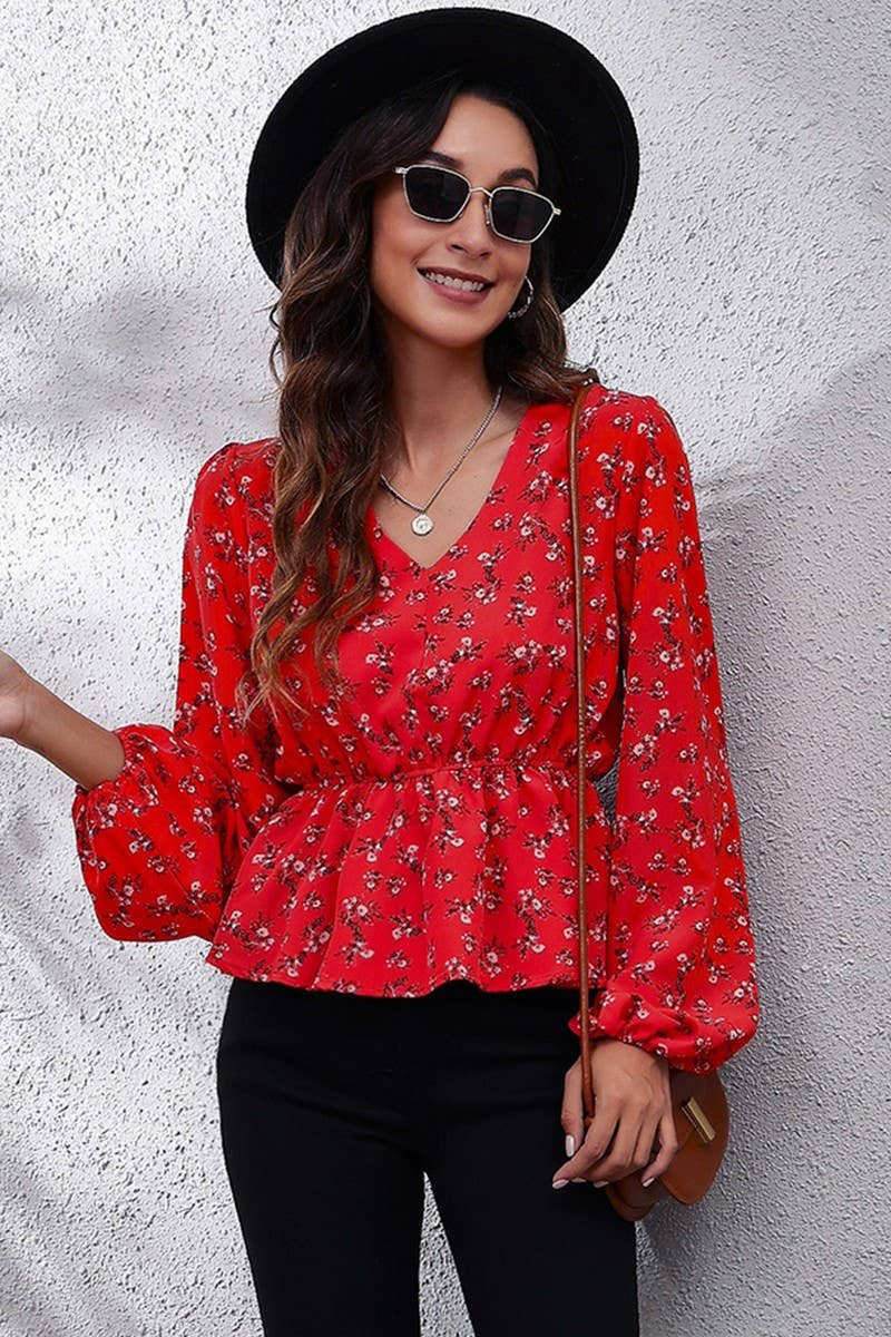 CWTBLL0707_V-Neck Long Sleeve Print Blouse