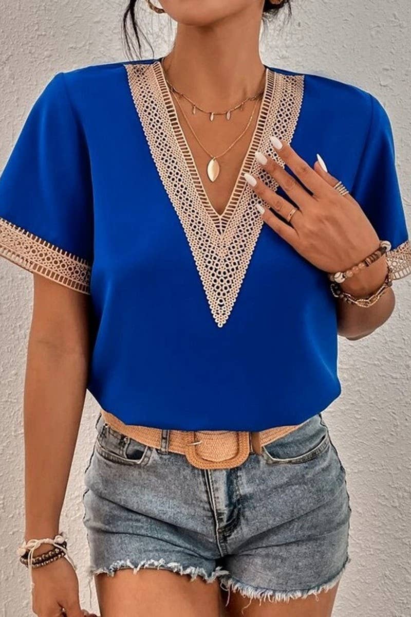 CWTBLS0826_V-NECK LACE CASUAL SOLID COLOR SHIRT