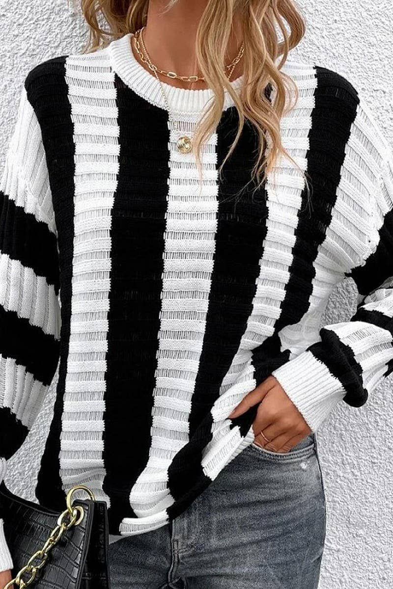 CWOSWL6280_STRIPED HOLLOW LONG-SLEEVED SWEATER TOP
