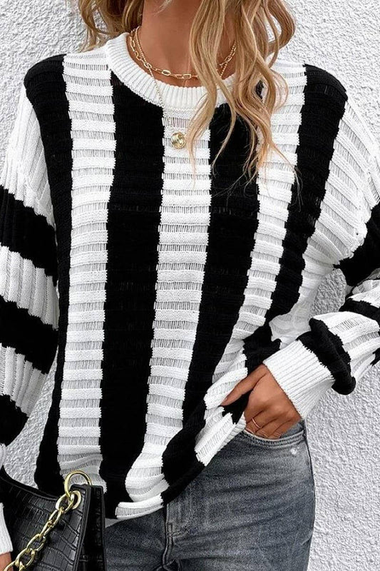CWOSWL6280_STRIPED HOLLOW LONG-SLEEVED SWEATER TOP