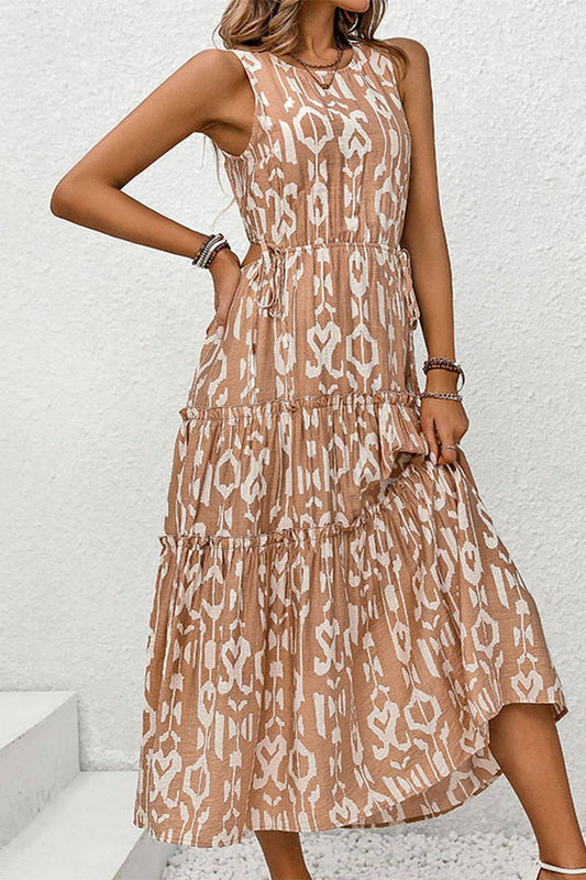 CWDMD2342_SLEEVELESS WAIST-BARING PRINTED LONG DRESS