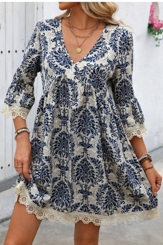 CWDSD8526_FLORAL PRINT V-NECK LACE TRIM 3/4 SLEEVE DRESS
