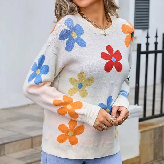 Floral crew-neck loose knit sweater