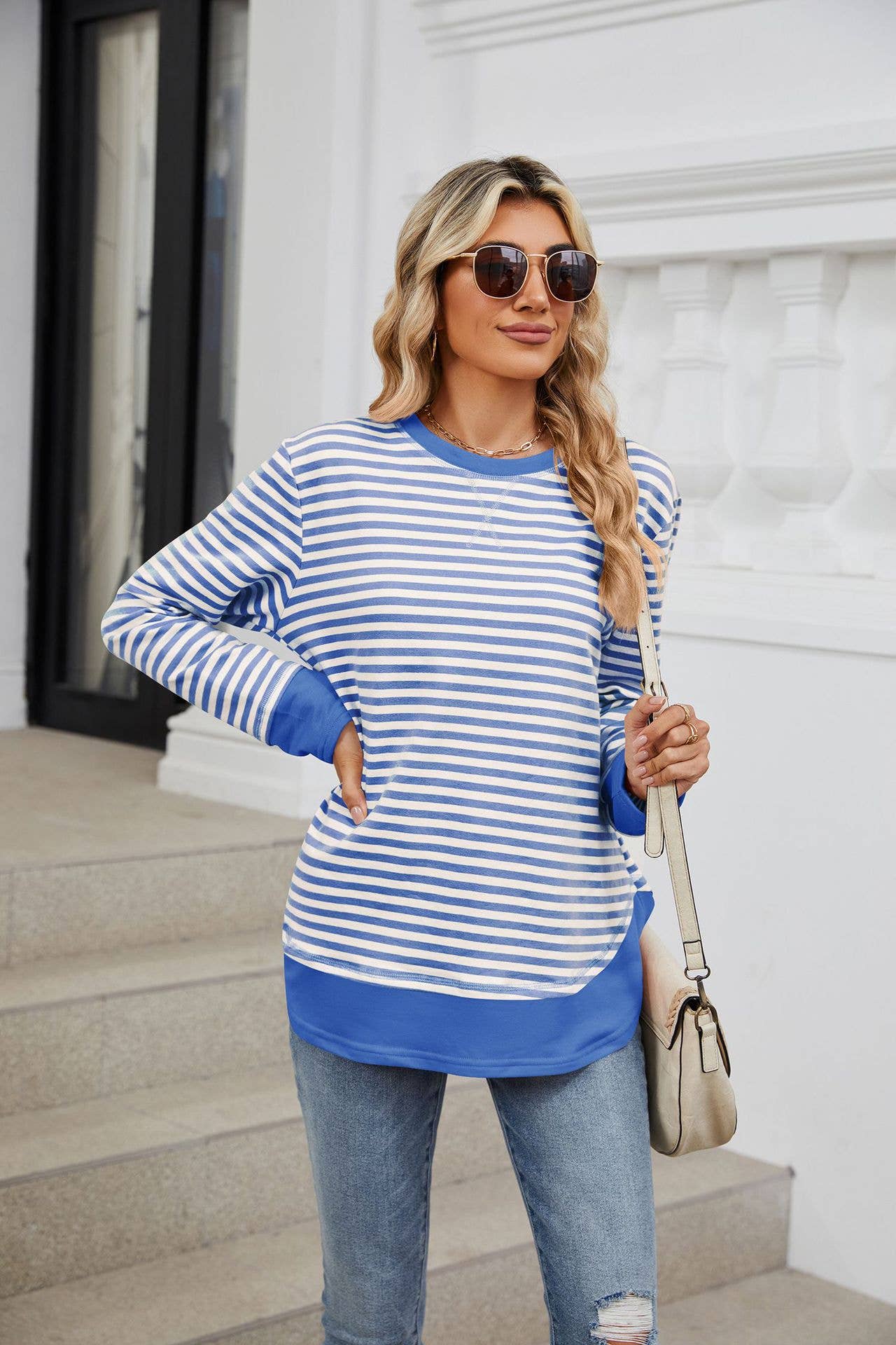 Crew-neck striped long-sleeved hoodie