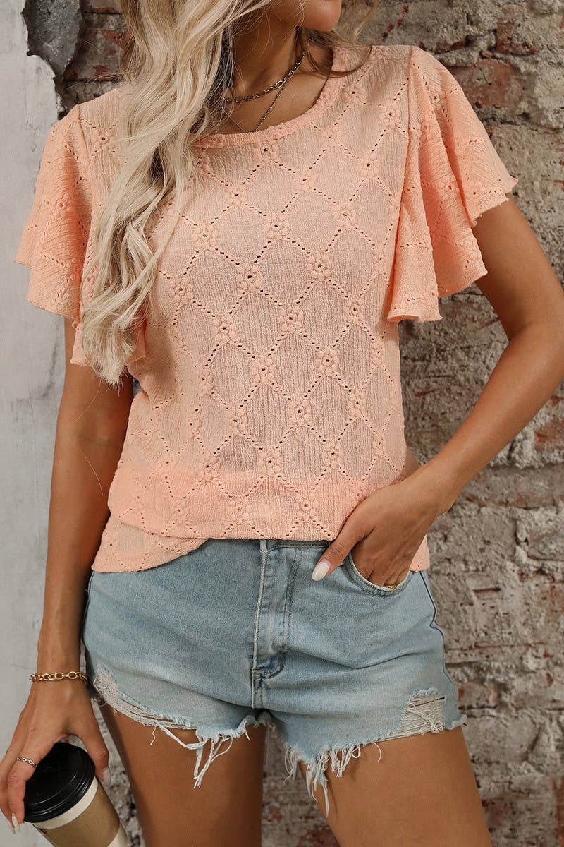 CWTTS1371_SUMMER FLOWER HOLLOW LOTUS SLEEVE CASUAL TOP