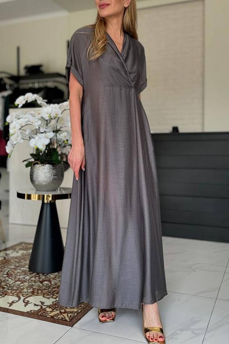 CWDMD4178_V_NECK SOLID COLOR SHORT SLEEVE LONG DRESS