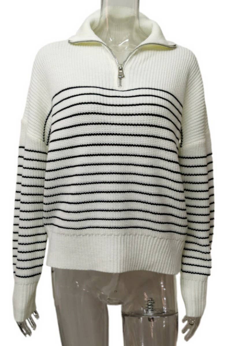 CWOSWL6266_TURTLENECK STRIPED COLORBLOCK ZIP-UP SWEATER