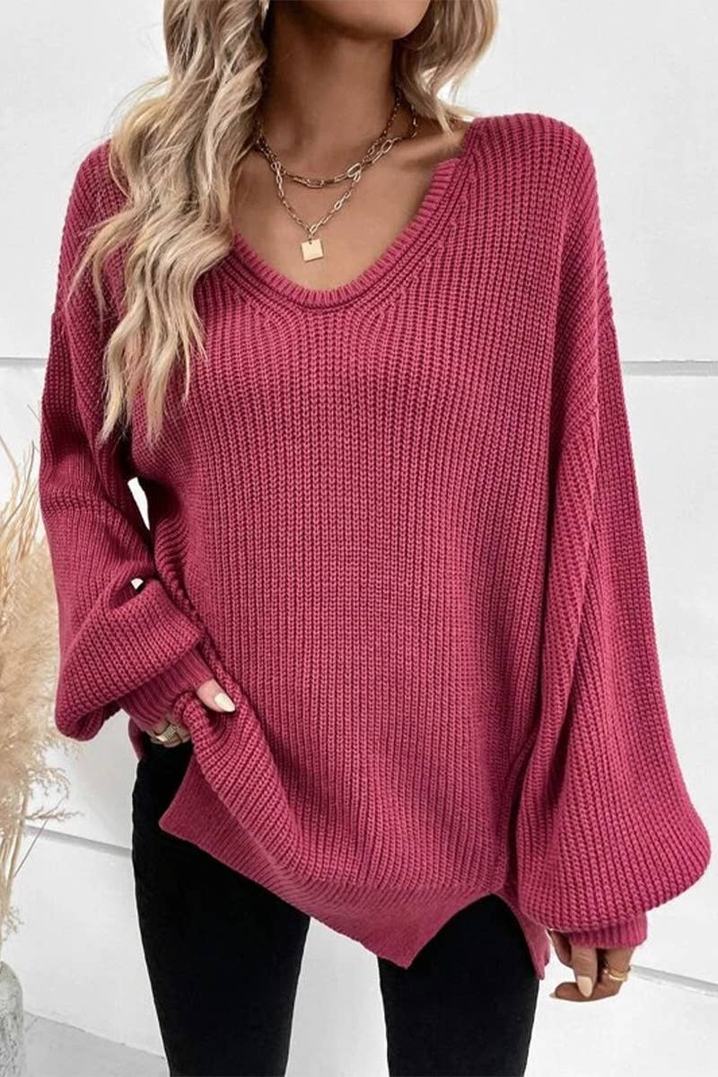 CWTBLL3567_FASHIONABLE V-NECK LOOSE LONG-SLEEVED SWEATER