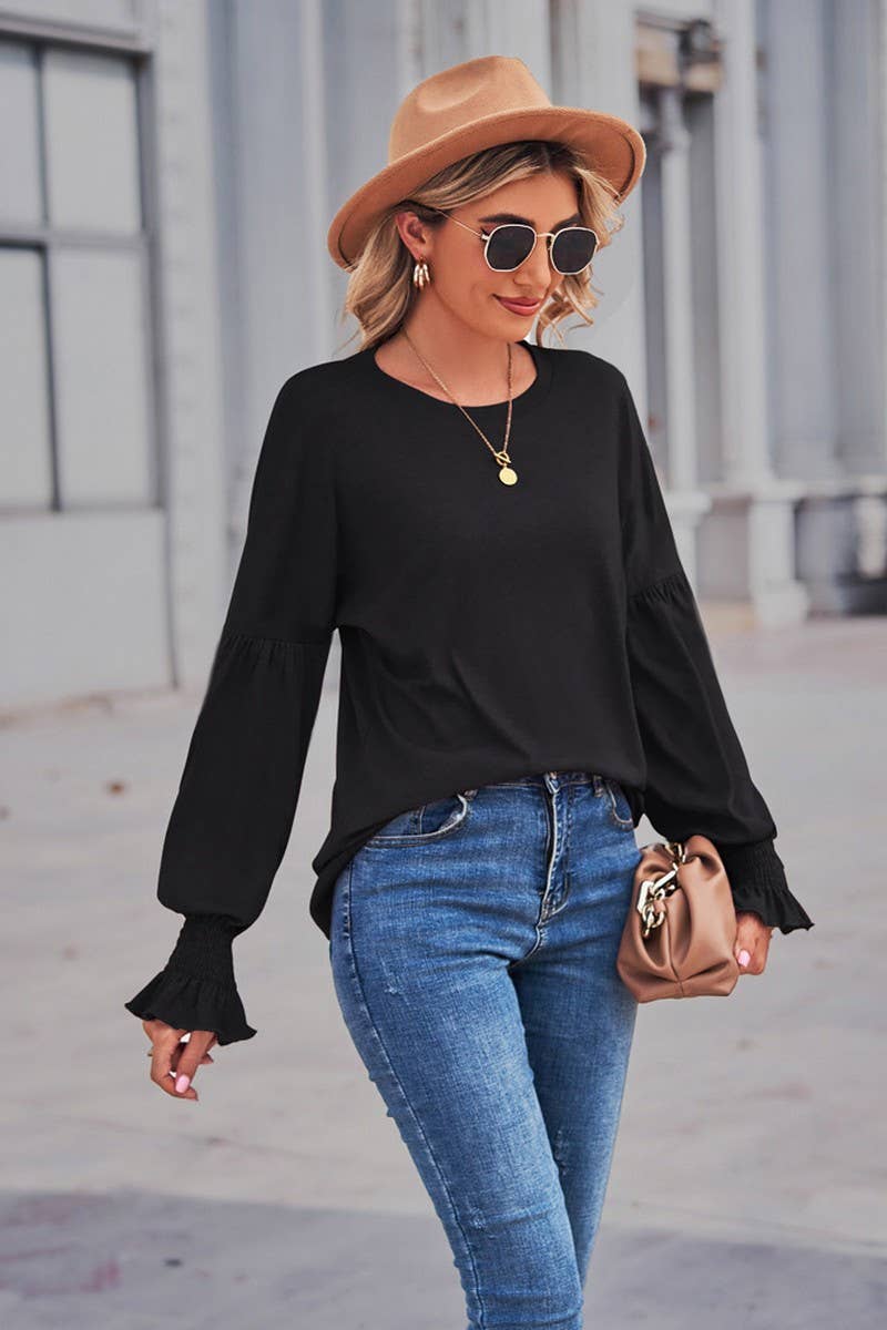 CWTBLL1880_ROUND NECK LOOSE CUFFS LANTERN SLEEVE TOP