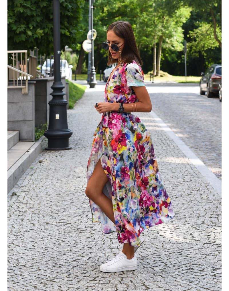 Abstract print V-neck lace-up long slit dress