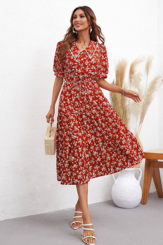 FLORAL PRINT LONG DRESS WITH LAPEL STRAP WAIST