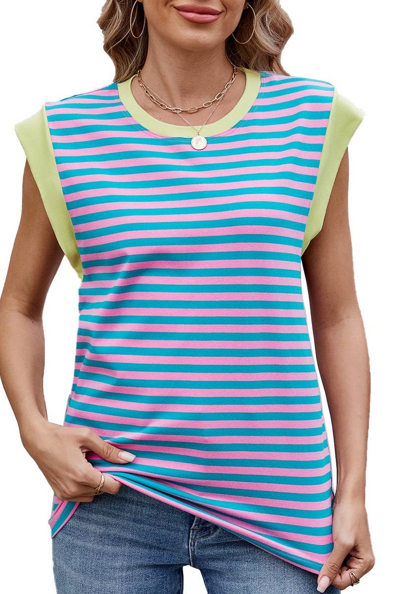 CWTTSL0295_STRIPED CONTRAST PANEL ROUND NECK SLEEVELESS TOP