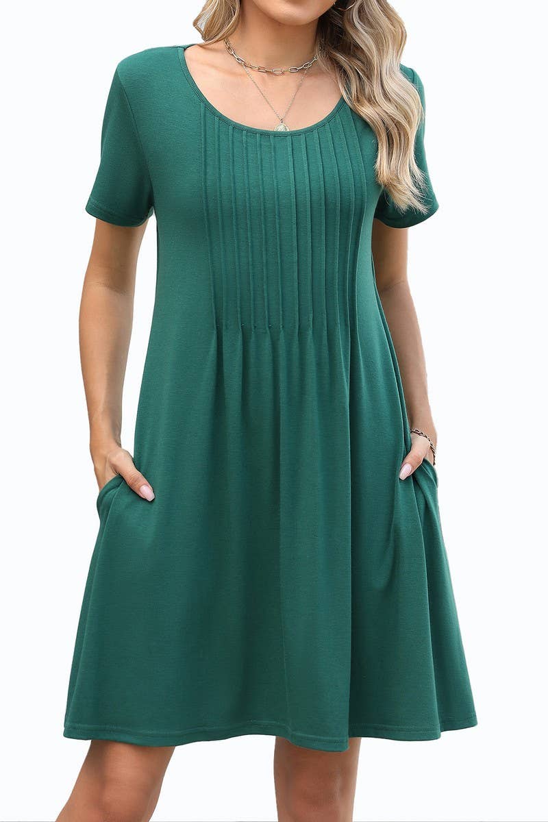 CWDSD8722_SOLID CREW NECK POCKET SHORT SLEEVE DRESS