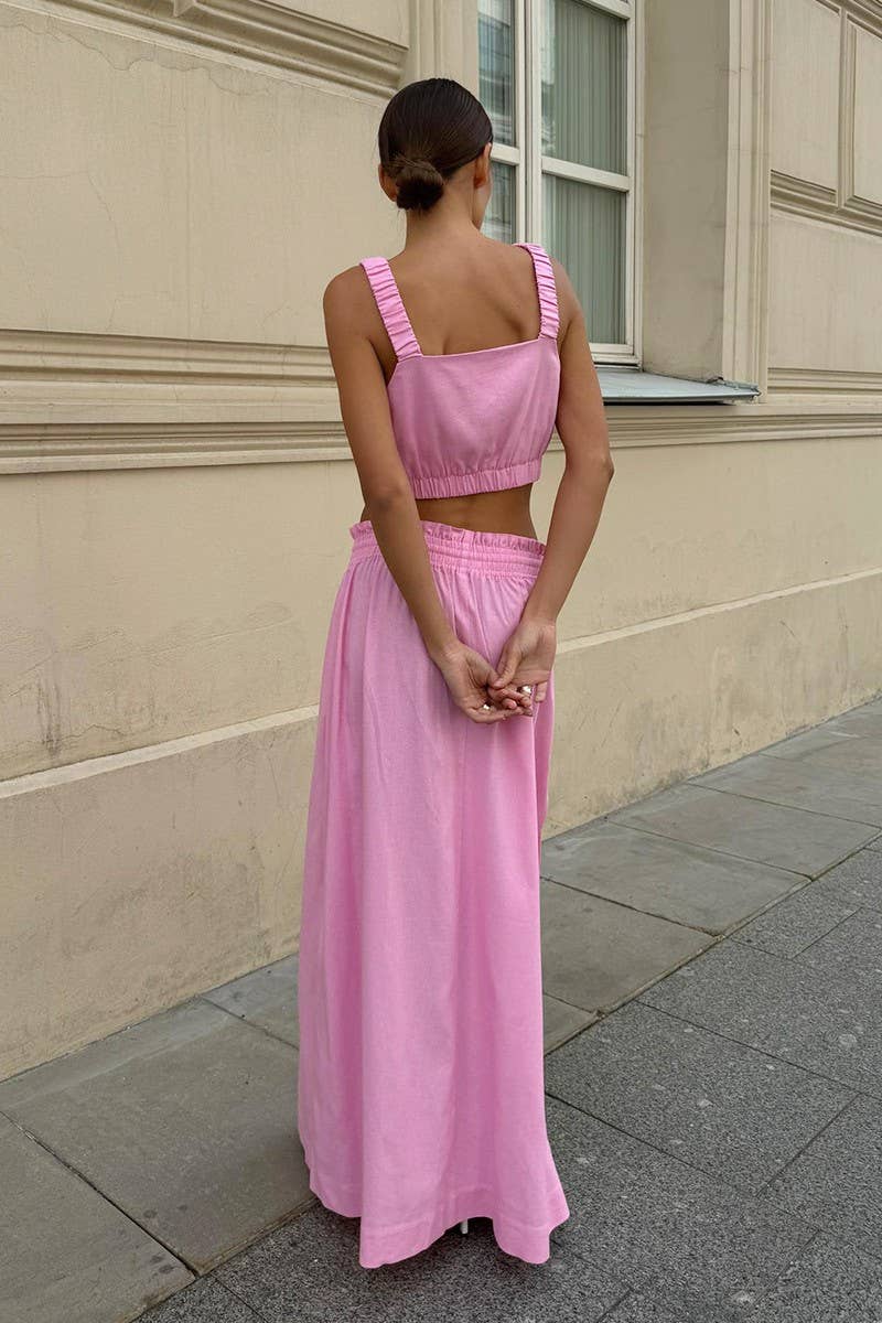 CWSS1169_COTTON-LINEN CAMI TOP & SPLIT MIDI SKIRT SET