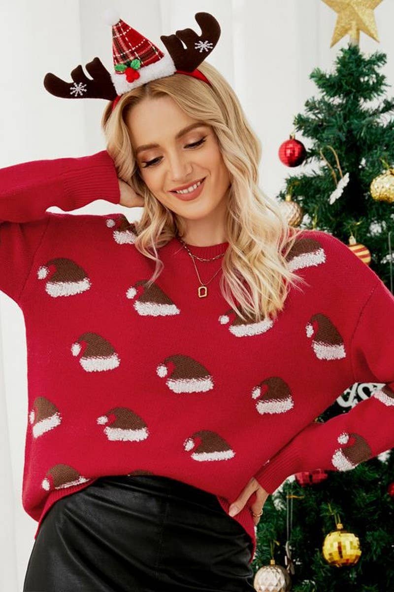CWOSWL2495_SANTA HAT CREWNECK CHRISTMAS SWEATER