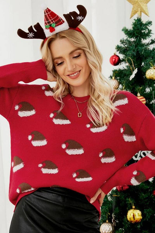 CWOSWL2495_SANTA HAT CREWNECK CHRISTMAS SWEATER