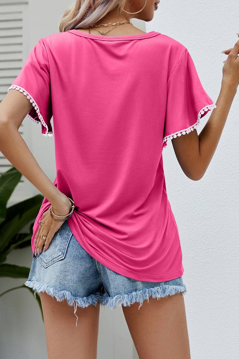CWTBLS0351_Round neck Lace Trim Detailed Short Sleeve Blouse