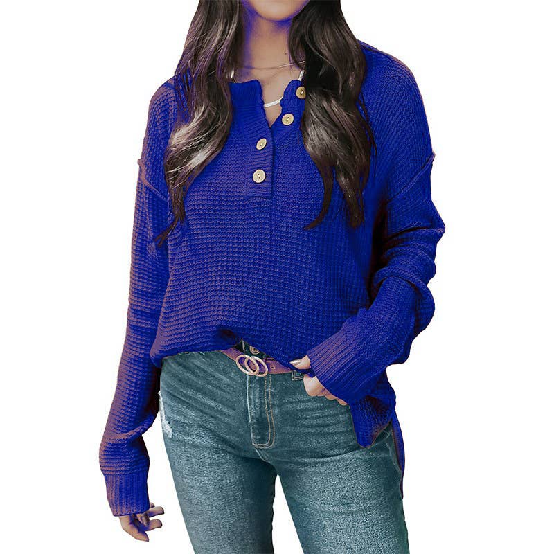BUTTON-DOWN V-NECK LONG-SLEEVED PULLOVER SWEATER