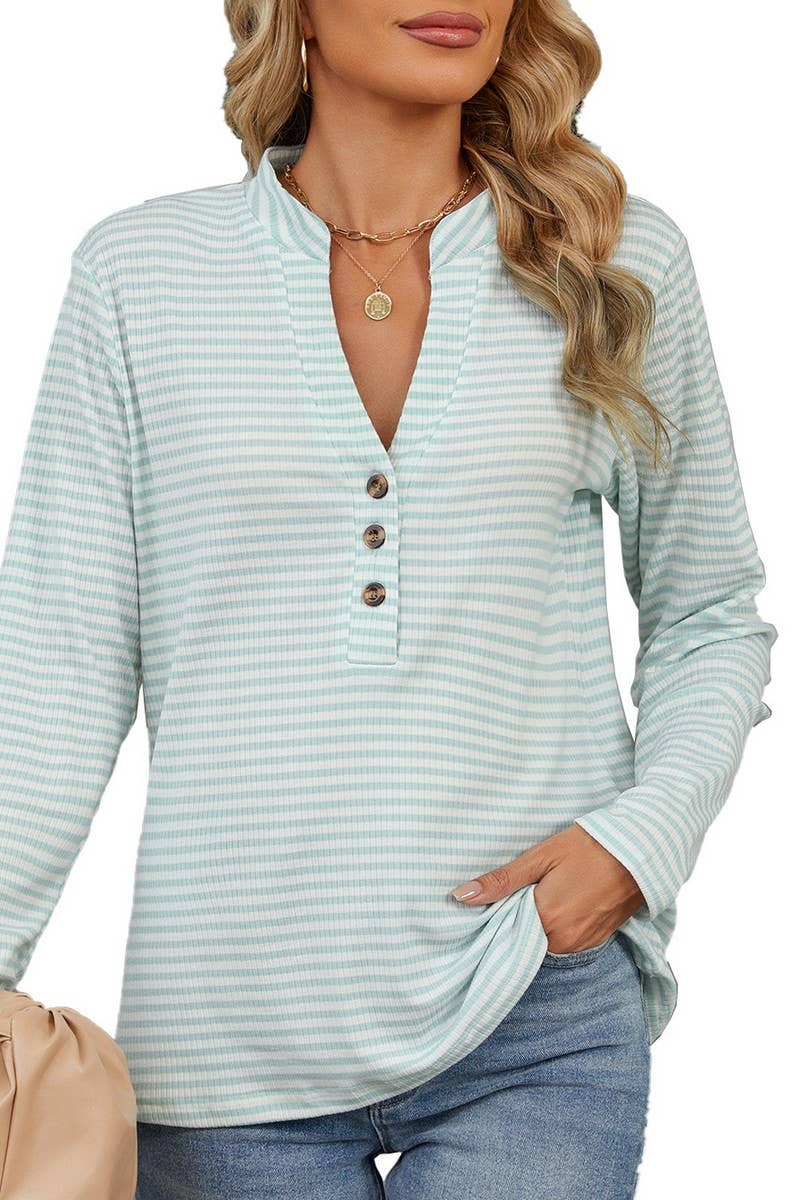 CWTBLL2356_V-NECK BUTTON-DOWN STRIPED CASUAL T-SHIRT TOP