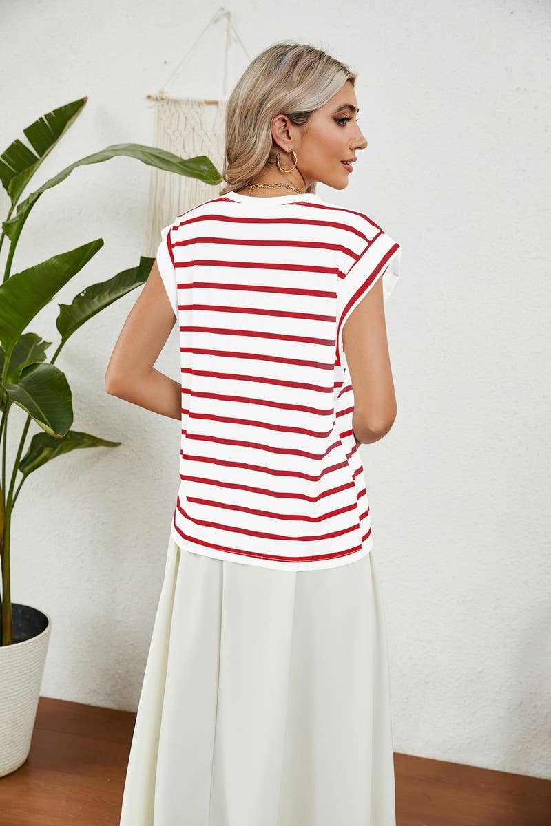 CWTBLS0865_ROUND NECK STRIPED RAGLAN SLEEVE T-SHIR