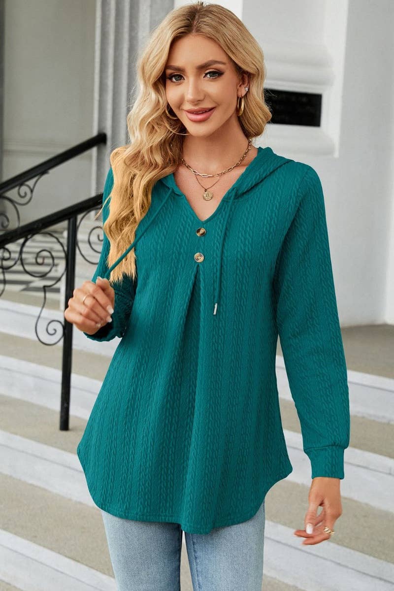 CWTBLL2794_FALL V-NECK HOODED LONG-SLEEVED KNIT TOP