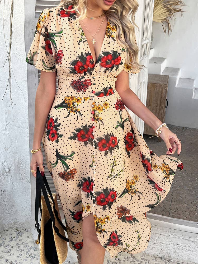 Boho Deep V Neck Chiffon Floral Mini Dress