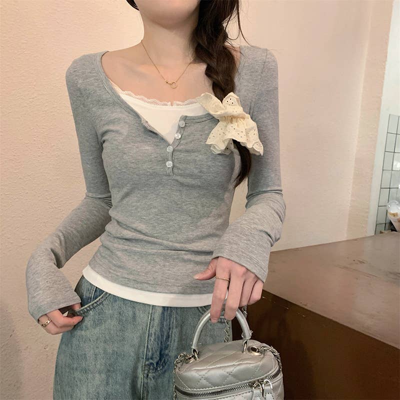 COLOR MATCHING FAKE TWO SINGLE SLIM-FIT TOP