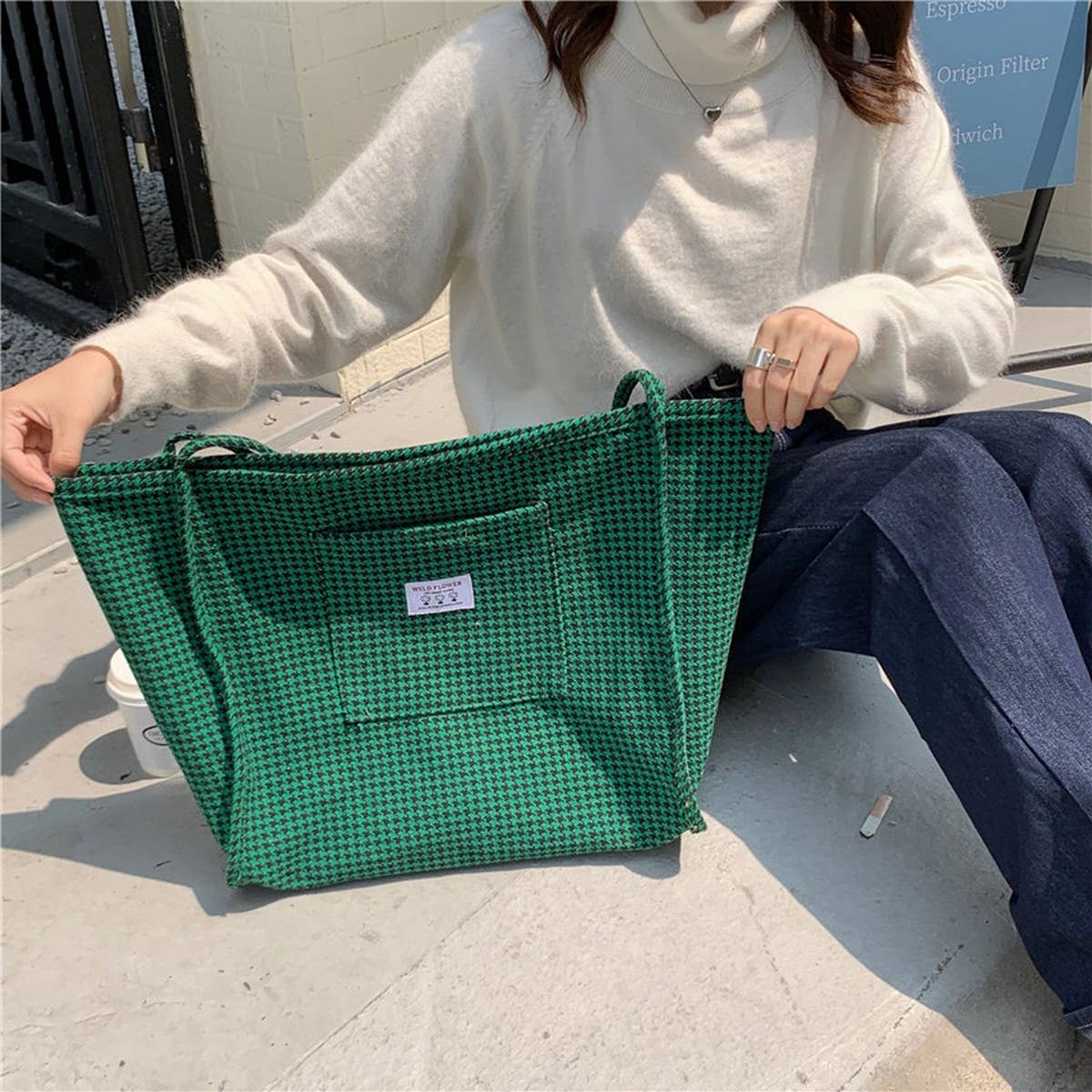 CWAB3906_HOUNDSTOOTH CANVAS SHOULDER TOTE BAG