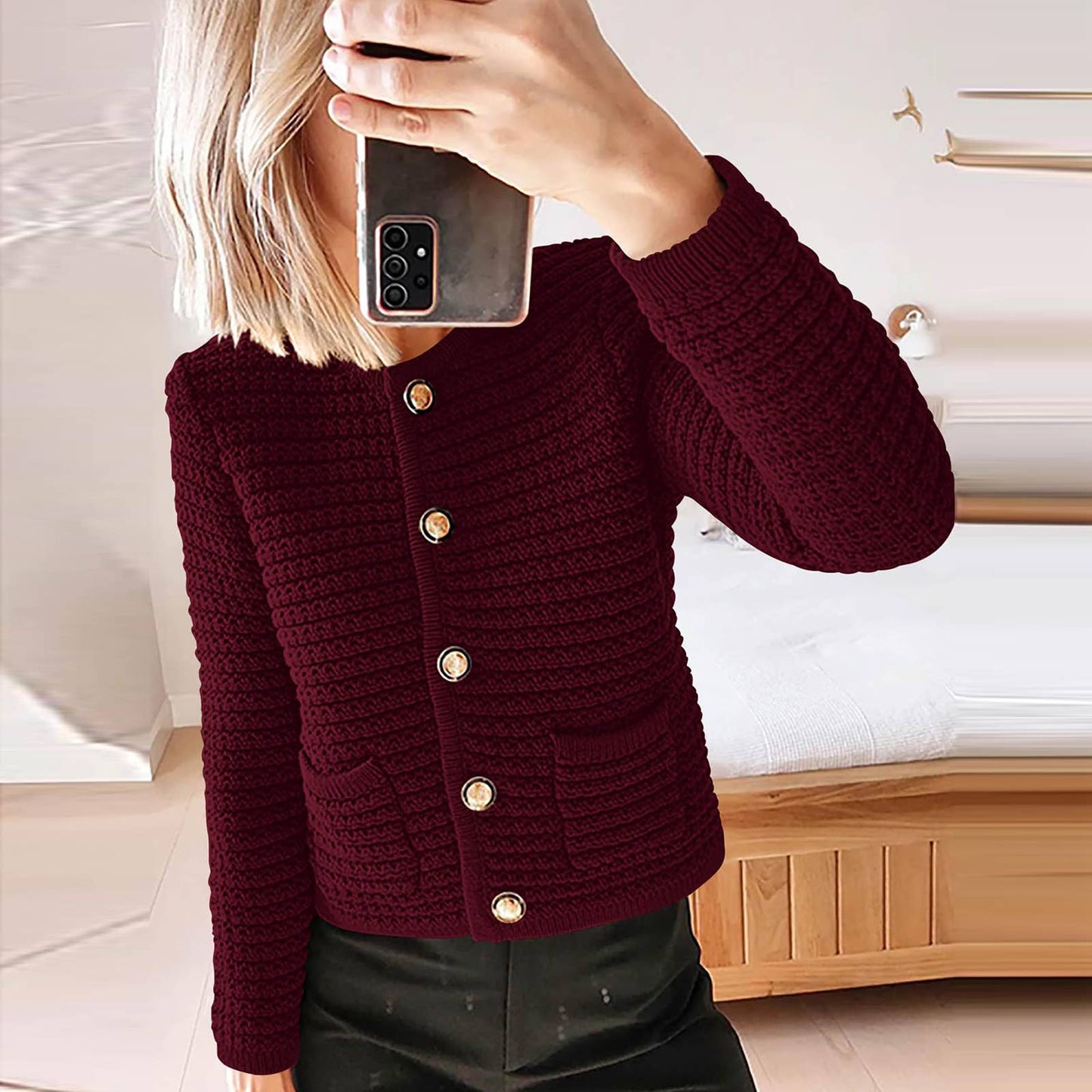 Crew-neck knitted commuter vintage casual cardigan