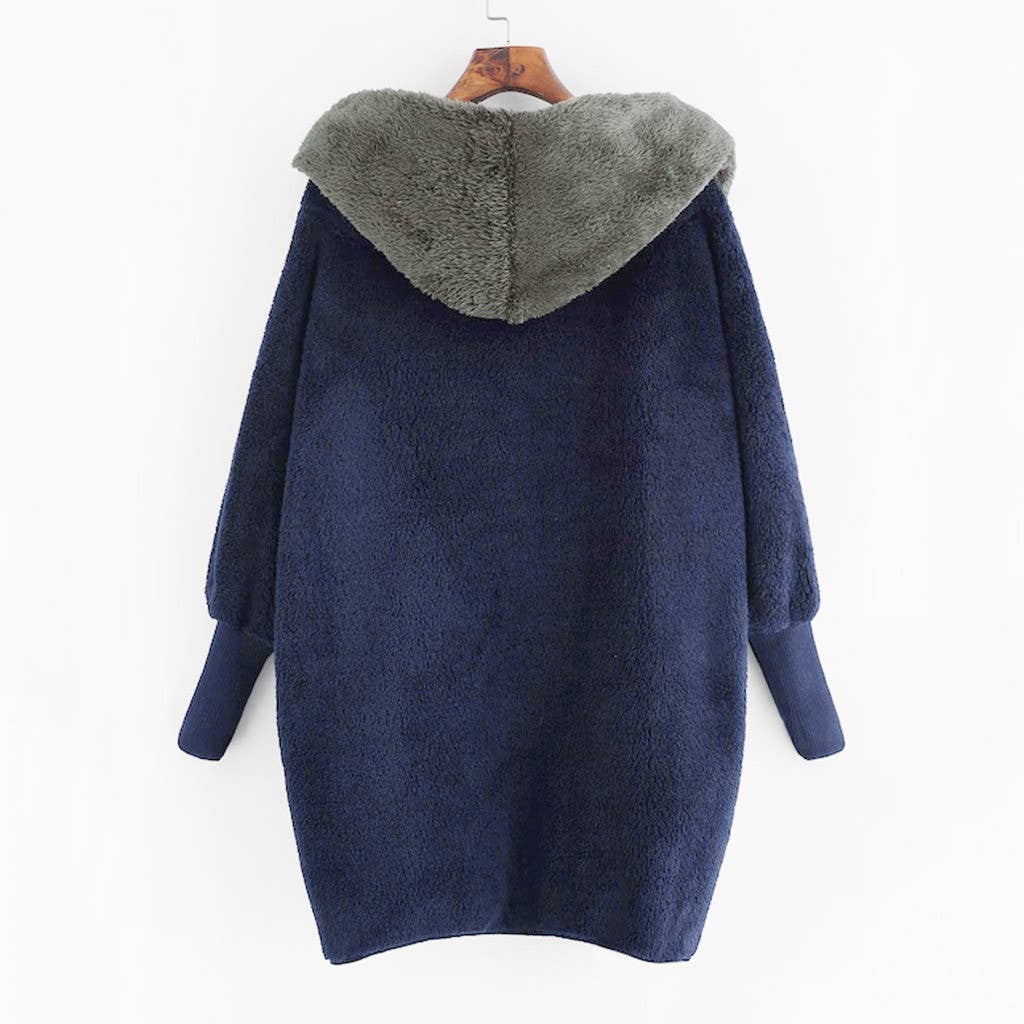 Color matching fleece hooded loose cardigan coat