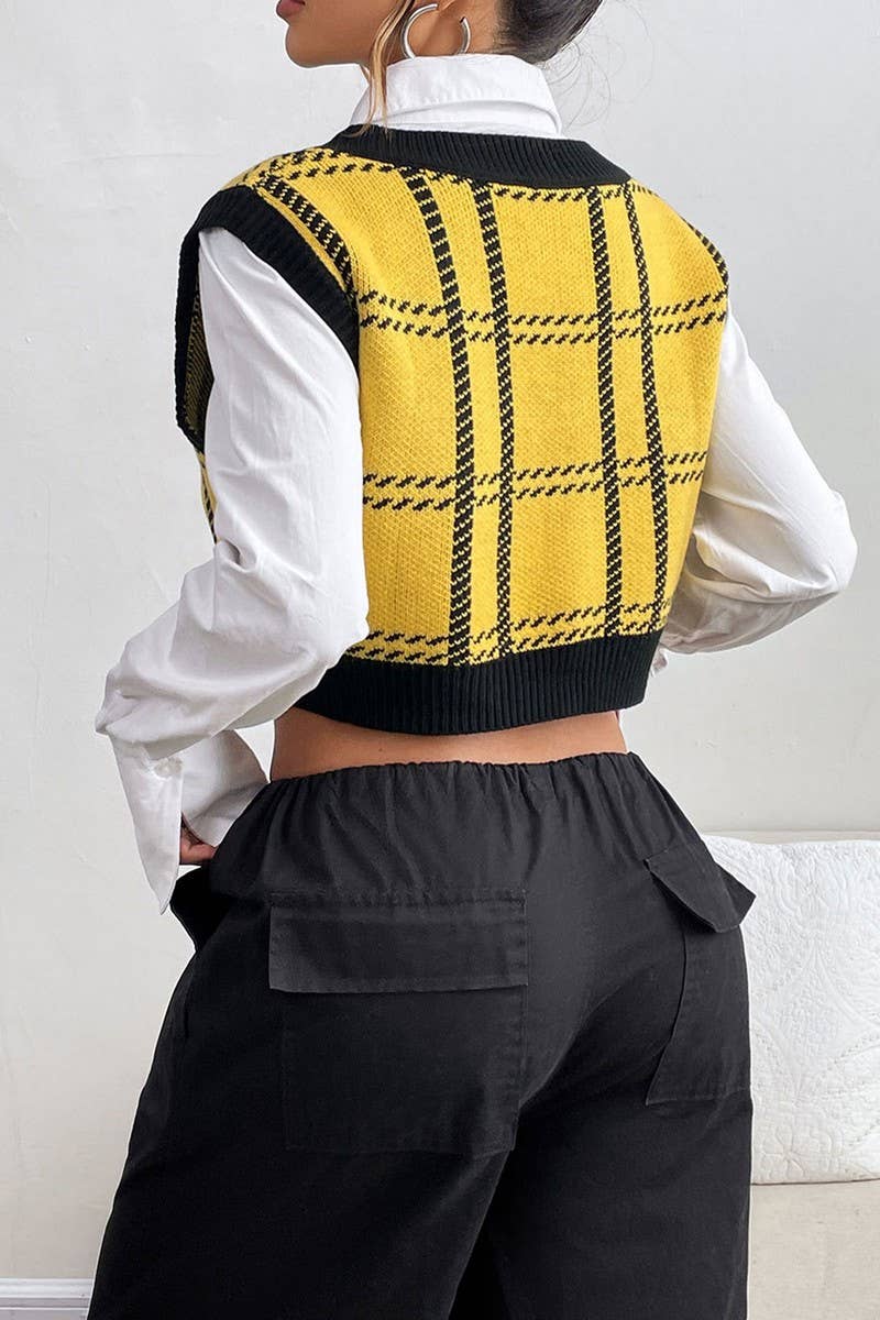 CWOV0781_LOOSE V-NECK PLAID KNIT SWEATER VEST