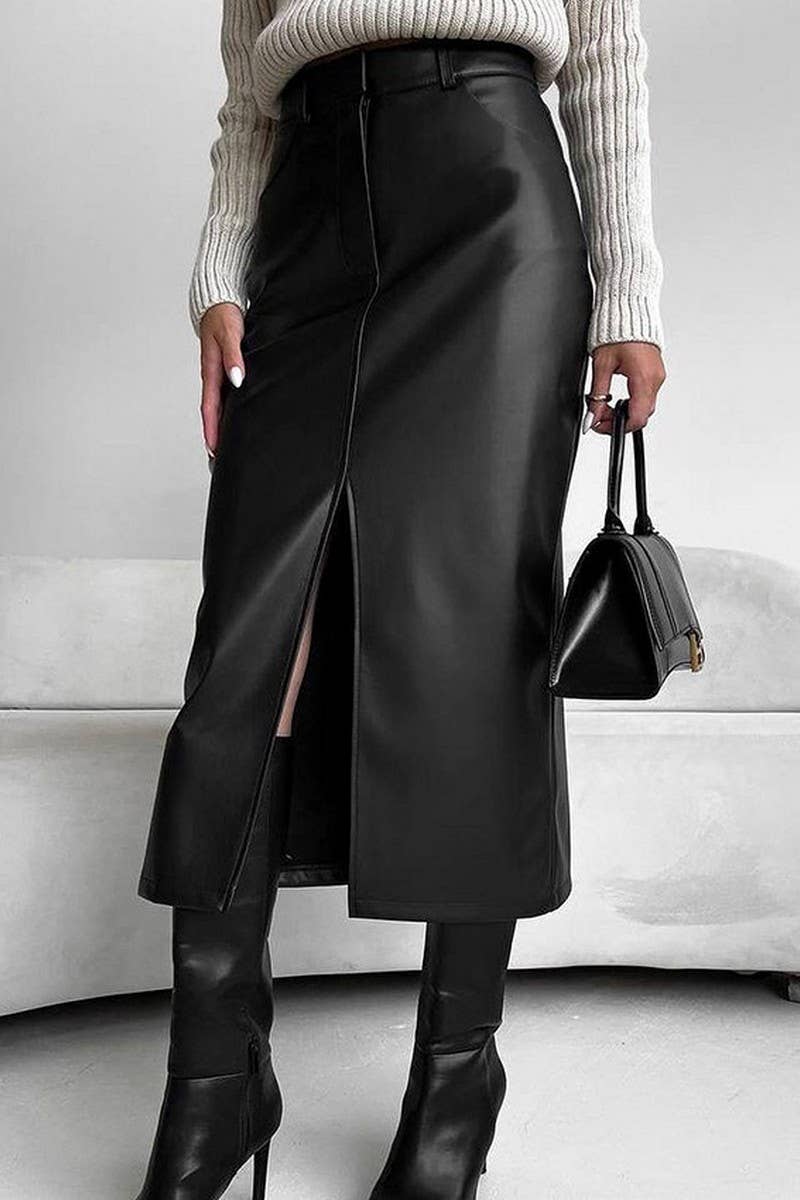 CWBMS0250_VINTAGE PLUS VELVET PU LEATHER SLIT SKIRT