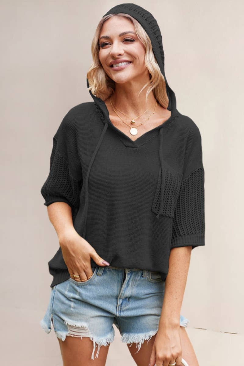 CWTBLS0745_SHORT-SLEEVED CUT-OUT HOODED SWEATER TOP