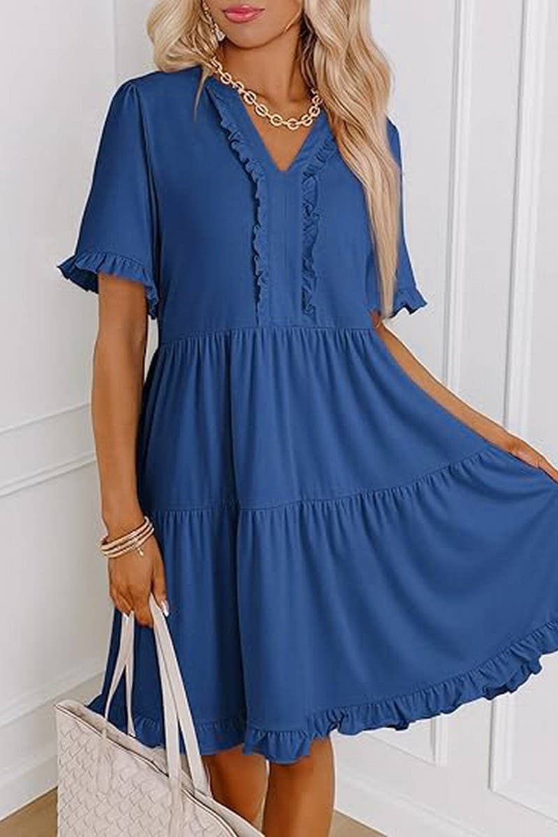 CWDSD8780_V-NECK SHORT-SLEEVED CASUAL A-LINE RUFFLED MINI DR