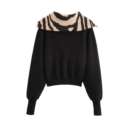 ANIMAL PRINT JACQUARD SWEATER WITH LARGE LAPEL